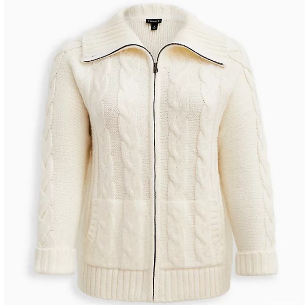 Torrid NWT Chunky Cable Zip Up Shawl Sweater Jacket - Ivory Size 0X Ribbed Knit